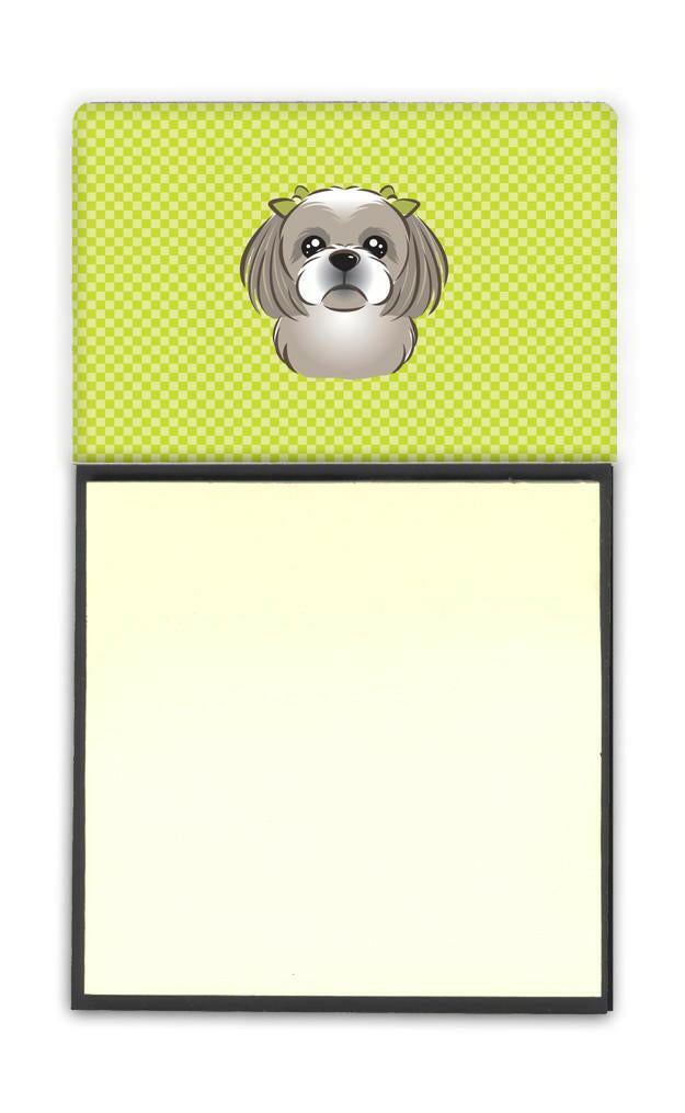 Checkerboard Lime Green Gray Silver Shih Tzu Watercolor Sticky Note Holder Refillable Dispenser Desk Accessory 3x3 Pad Gift