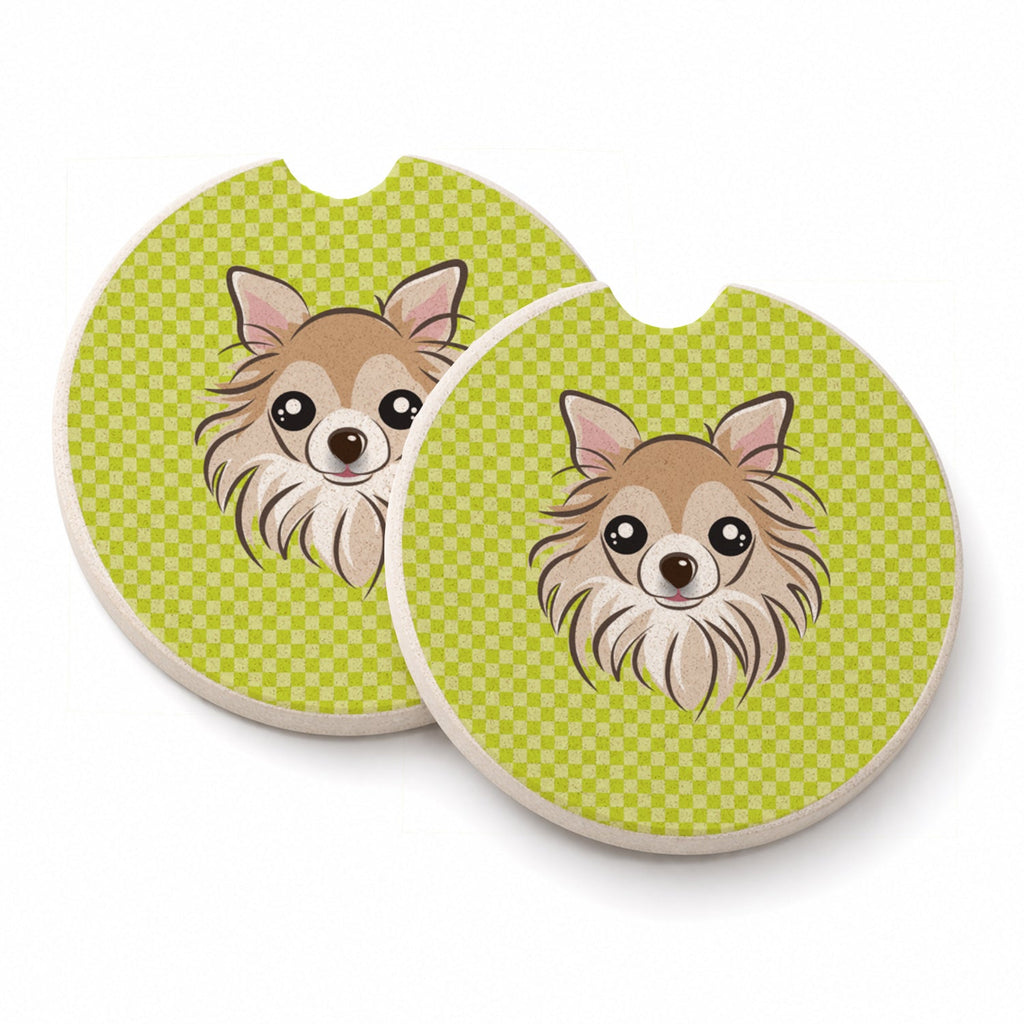 Checkerboard Lime Green Chihuahua Set of 2 Cup Holder Car Coasters Absorbent Round Sandstone Coasters Gifts for Men or Women, 2.5, Multicolor