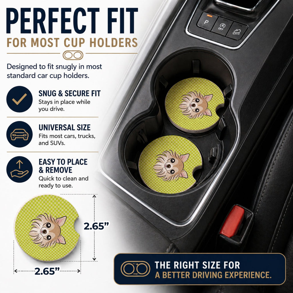 Checkerboard Lime Green Chihuahua Set of 2 Cup Holder Car Coasters Absorbent Round Sandstone Coasters Gifts for Men or Women, 2.5, Multicolor
