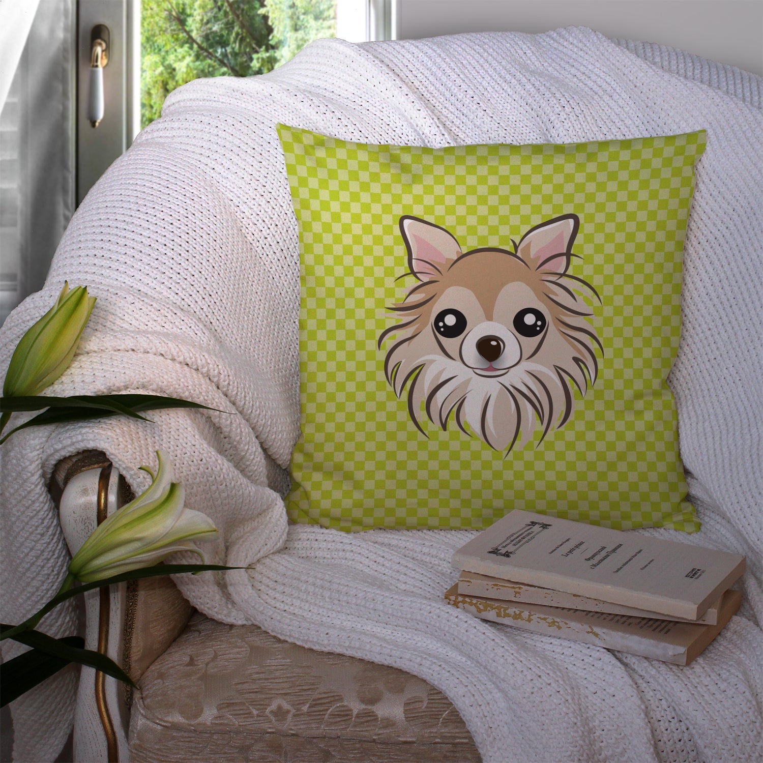 Checkerboard Lime Green Chihuahua Decorative Throw Pillow 14x14 Indoor Outdoor Accent Cushion, Fabric Cover with Insert for Sofa, Bed, Porch & Living Room