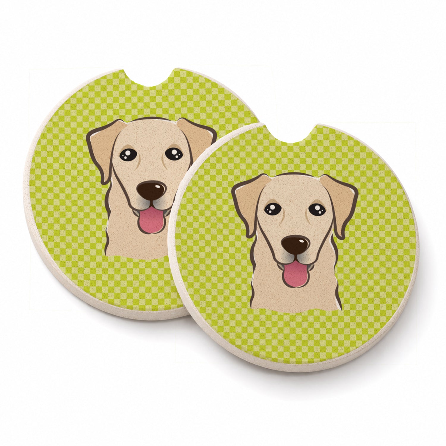 Checkerboard Lime Green Golden Retriever Set of 2 Cup Holder Car Coasters Absorbent Round Sandstone Coasters Gifts for Men or Women, 2.5, Multicolor