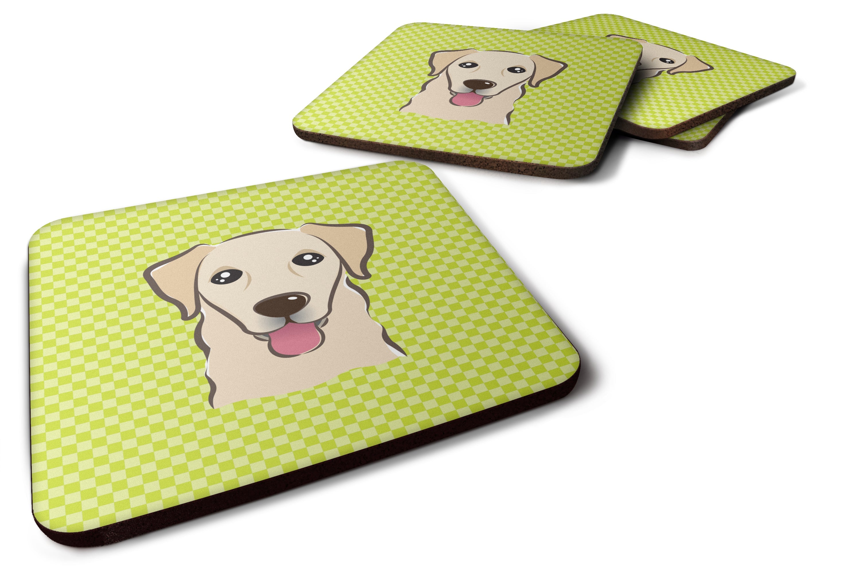 Checkerboard Lime Green Golden Retriever Foam Coasters Set of 4 Cup Coasters for Indoor Outdoor, Tabletop Protection, Anti Slip, Mouse pad Material