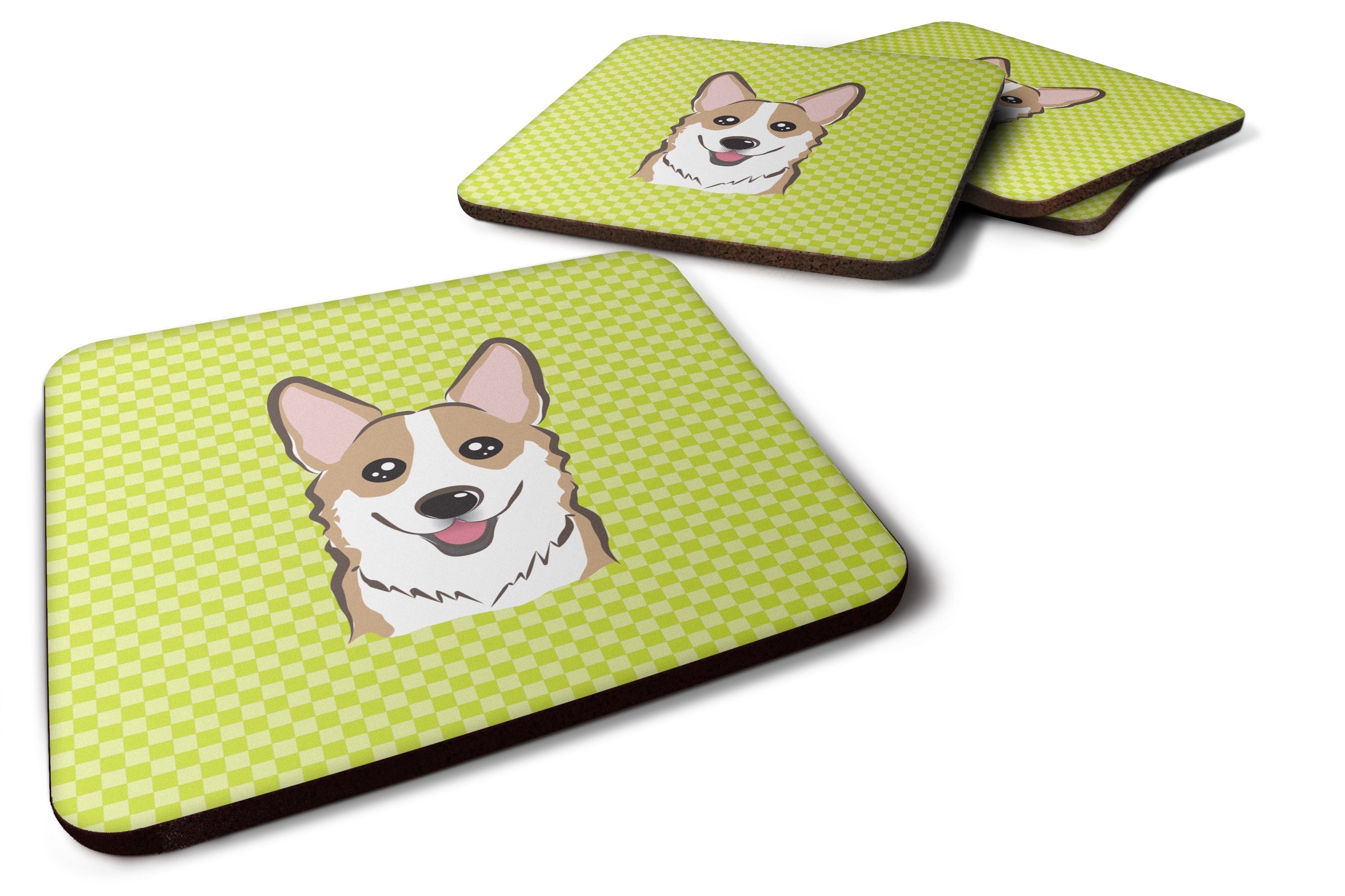 Checkerboard Lime Green Corgi Foam Coasters Set of 4 Cup Coasters for Indoor Outdoor, Tabletop Protection, Anti Slip, Mouse pad Material
