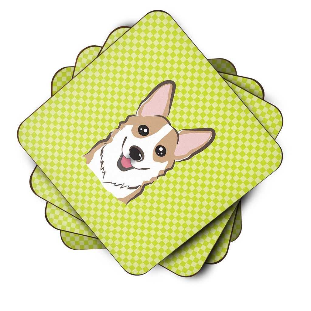 Checkerboard Lime Green Corgi Foam Coasters Set of 4 Cup Coasters for Indoor Outdoor, Tabletop Protection, Anti Slip, Mouse pad Material