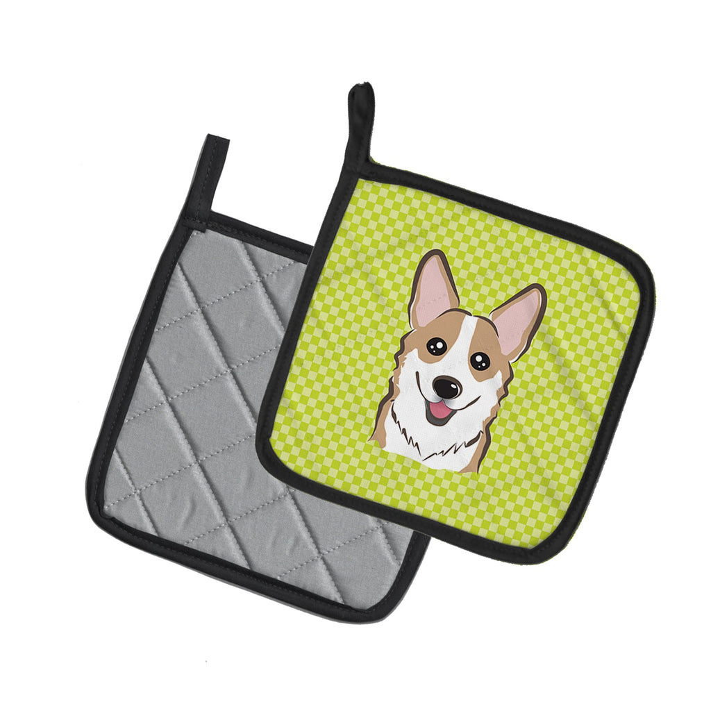 Checkerboard Lime Green Corgi Pot Holder Set of 2 Heat Resistant Quilted Hot Pads 7.5 x 7.5 Inch, Insulated Kitchen Trivets for Cooking & Baking