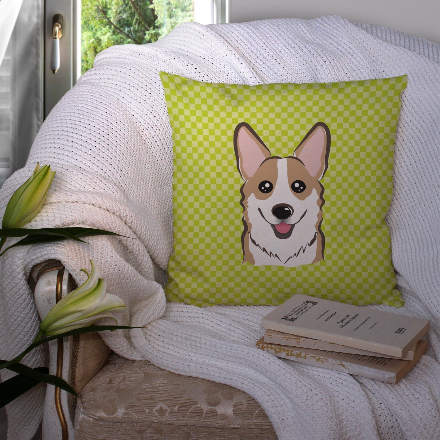 Checkerboard Lime Green Corgi Decorative Throw Pillow 14x14 Indoor Outdoor Accent Cushion, Fabric Cover with Insert for Sofa, Bed, Porch & Living Room