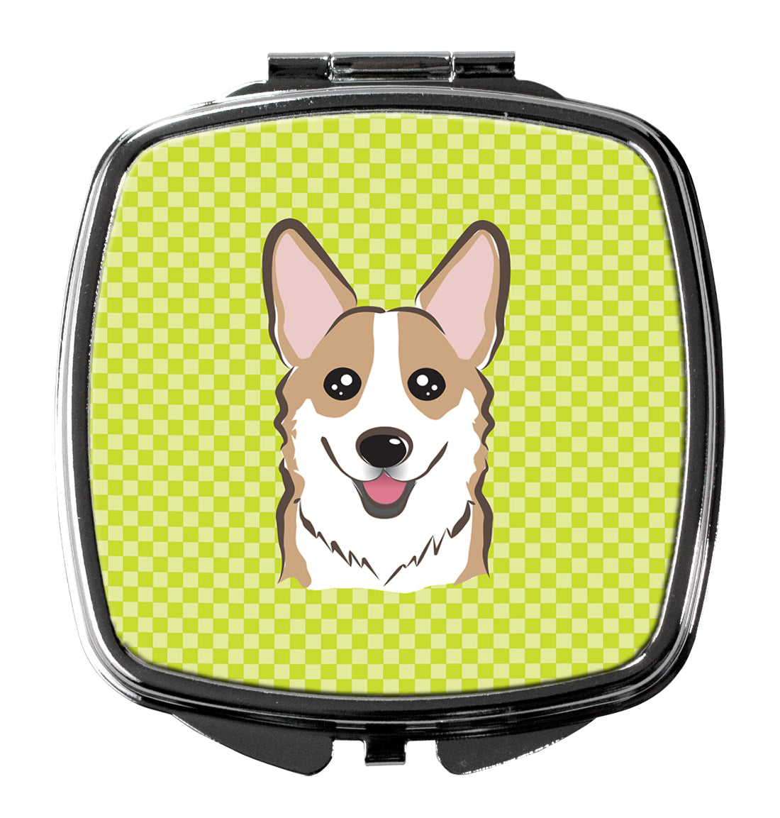 Checkerboard Lime Green Corgi Compact Mirror Decorative Travel Makeup Mirror for Women Girls Gifts Pocket Makeup Mirror Folding Handheld