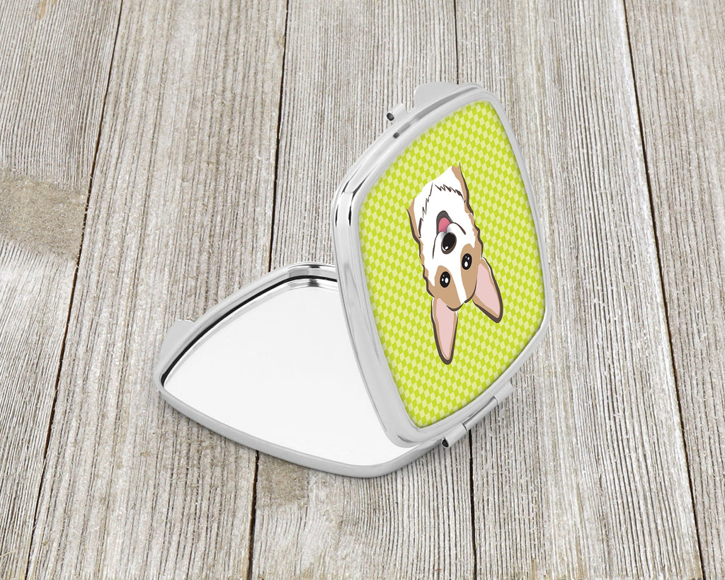 Checkerboard Lime Green Corgi Compact Mirror Decorative Travel Makeup Mirror for Women Girls Gifts Pocket Makeup Mirror Folding Handheld