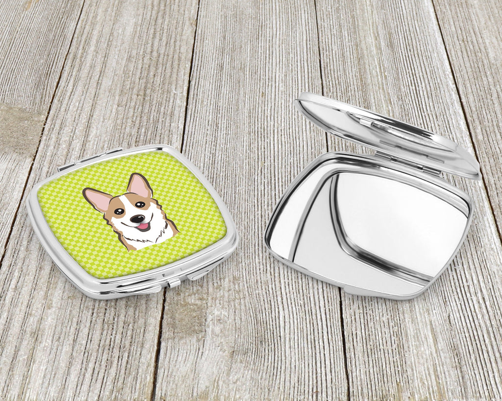Checkerboard Lime Green Corgi Compact Mirror Decorative Travel Makeup Mirror for Women Girls Gifts Pocket Makeup Mirror Folding Handheld