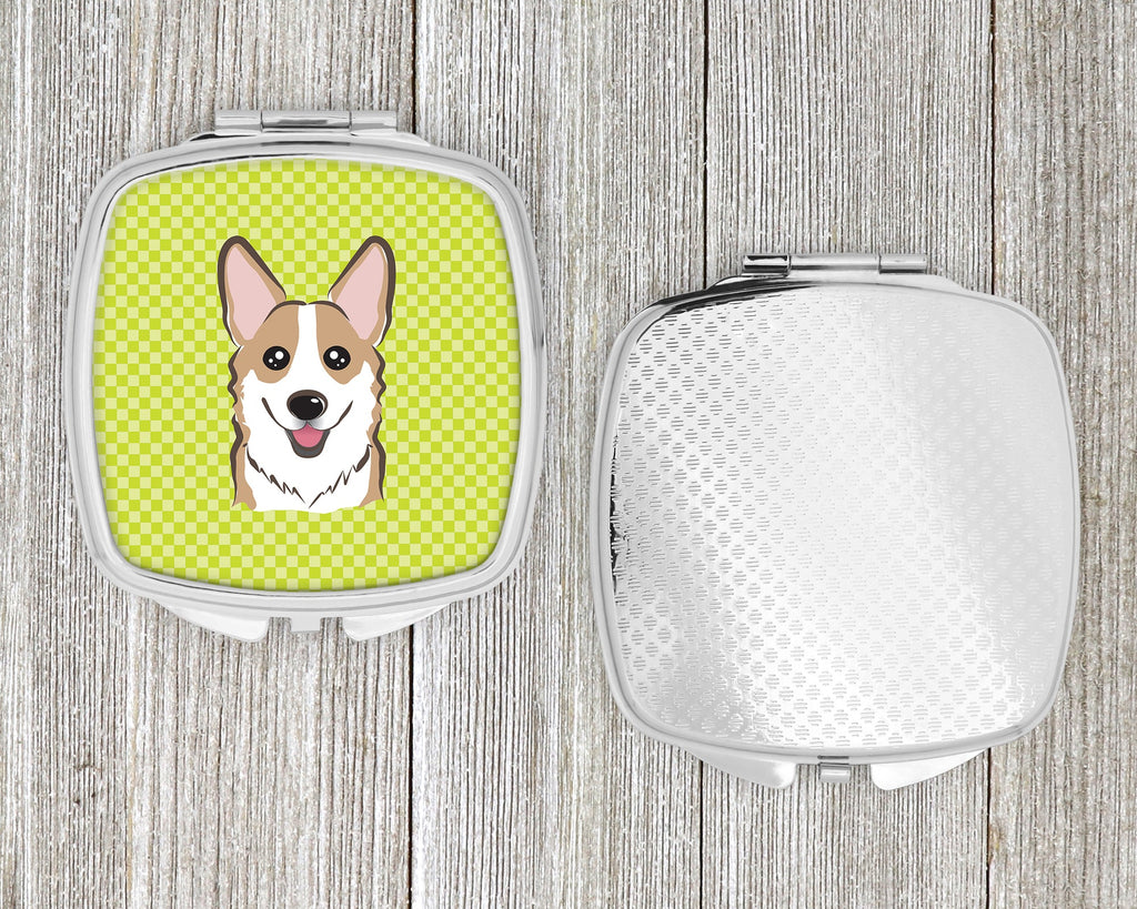 Checkerboard Lime Green Corgi Compact Mirror Decorative Travel Makeup Mirror for Women Girls Gifts Pocket Makeup Mirror Folding Handheld