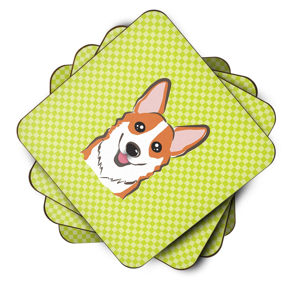 Checkerboard Lime Green Corgi Foam Coasters Set of 4 Cup Coasters for Indoor Outdoor, Tabletop Protection, Anti Slip, Mouse pad Material