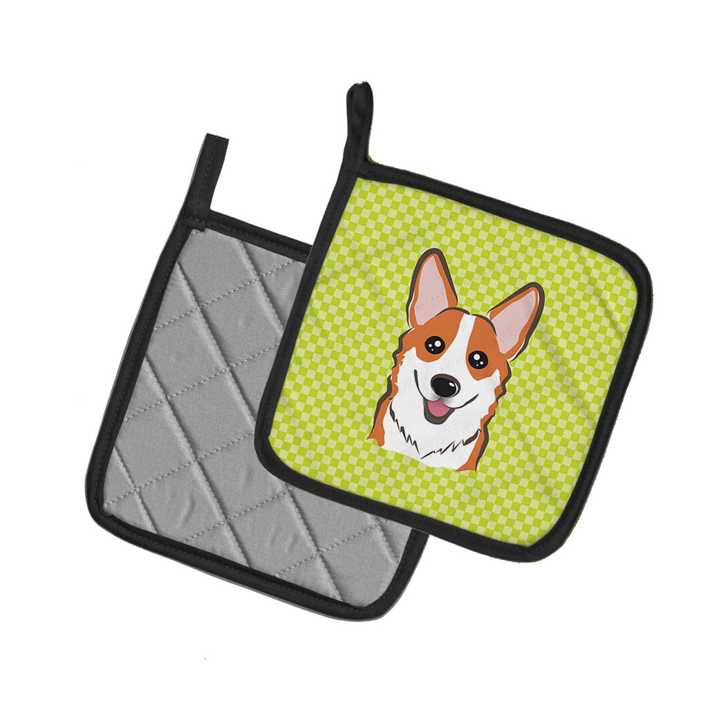 Checkerboard Lime Green Corgi Pot Holder Set of 2 Heat Resistant Quilted Hot Pads 7.5 x 7.5 Inch, Insulated Kitchen Trivets for Cooking & Baking