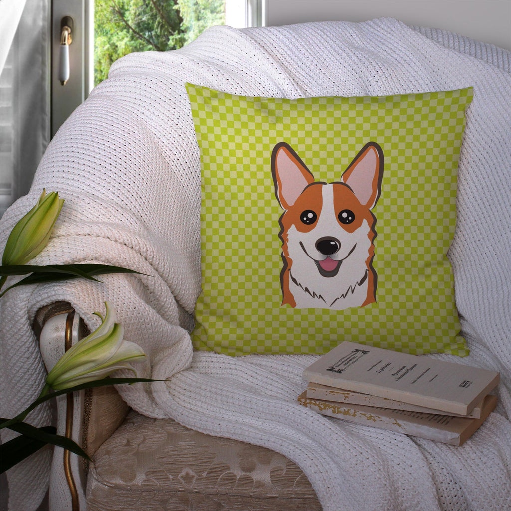 Checkerboard Lime Green Corgi Decorative Throw Pillow 14x14 Indoor Outdoor Accent Cushion, Fabric Cover with Insert for Sofa, Bed, Porch & Living Room