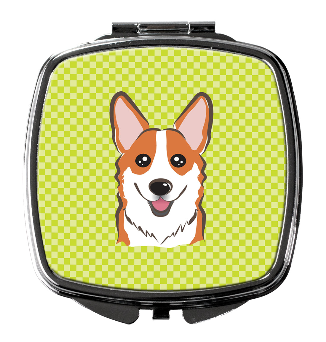 Checkerboard Lime Green Corgi Compact Mirror Decorative Travel Makeup Mirror for Women Girls Gifts Pocket Makeup Mirror Folding Handheld