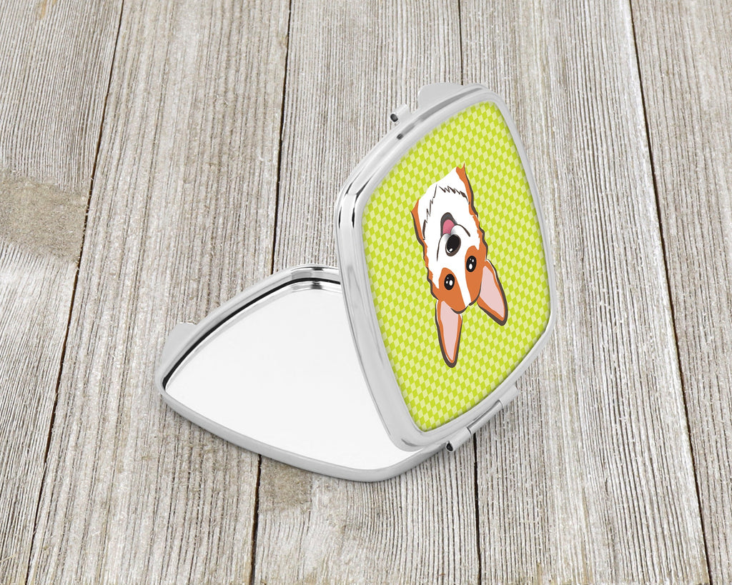 Checkerboard Lime Green Corgi Compact Mirror Decorative Travel Makeup Mirror for Women Girls Gifts Pocket Makeup Mirror Folding Handheld