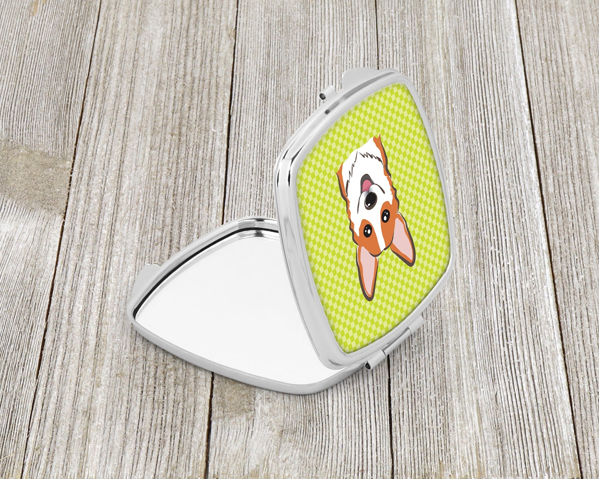 Checkerboard Lime Green Corgi Compact Mirror Decorative Travel Makeup Mirror for Women Girls Gifts Pocket Makeup Mirror Folding Handheld