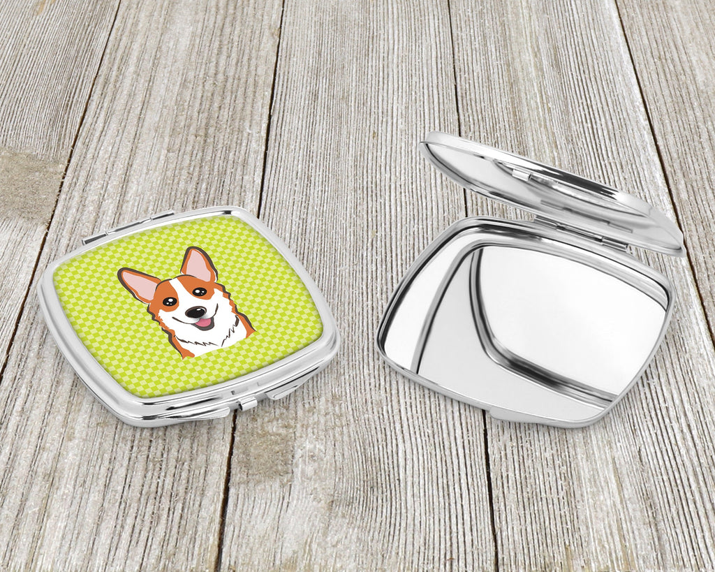 Checkerboard Lime Green Corgi Compact Mirror Decorative Travel Makeup Mirror for Women Girls Gifts Pocket Makeup Mirror Folding Handheld