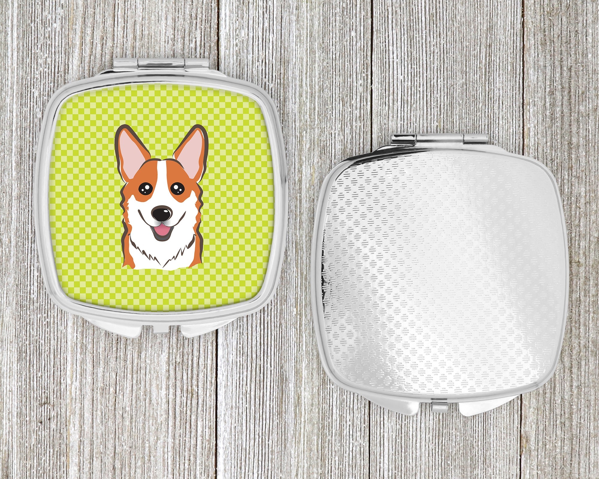 Checkerboard Lime Green Corgi Compact Mirror Decorative Travel Makeup Mirror for Women Girls Gifts Pocket Makeup Mirror Folding Handheld
