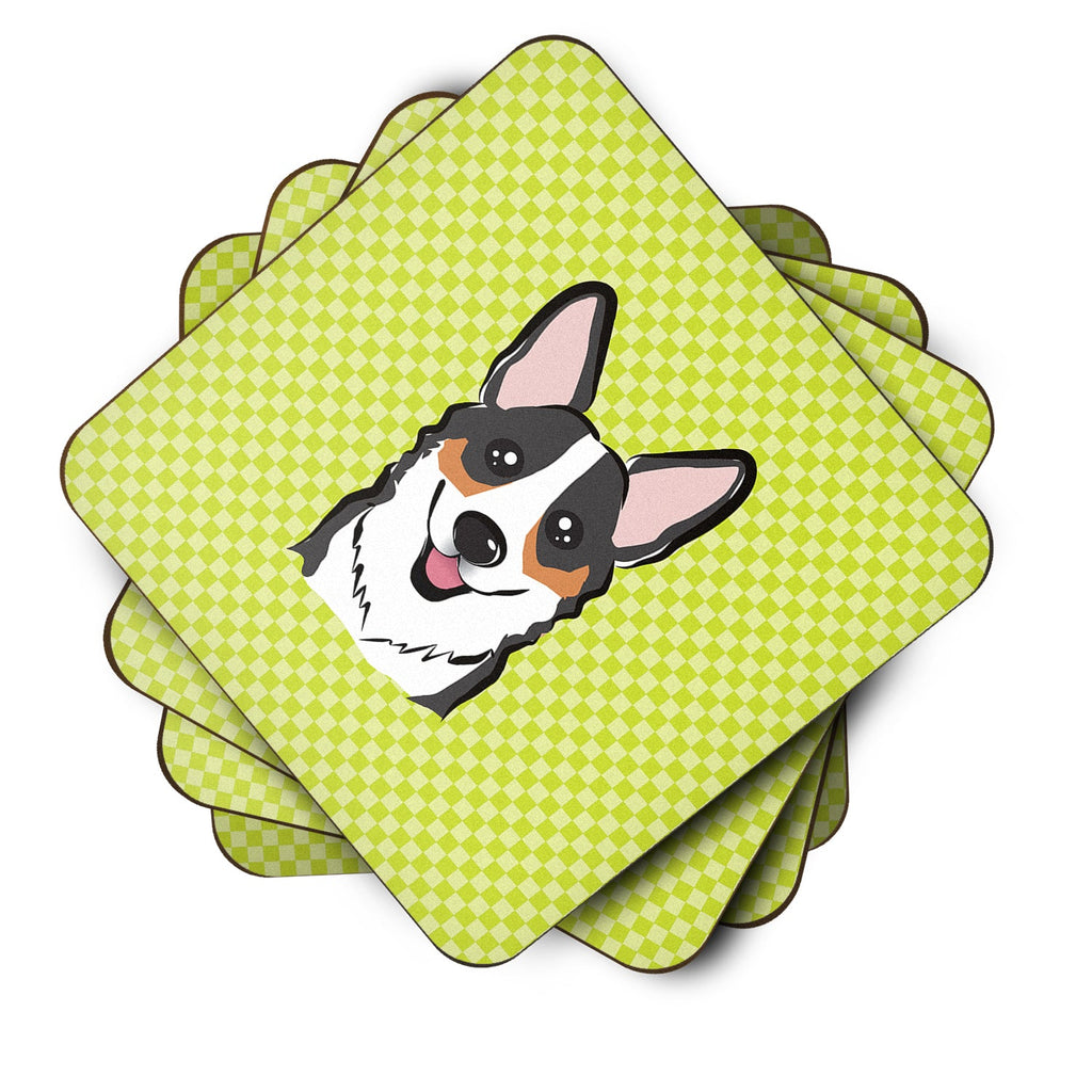Checkerboard Lime Green Corgi Foam Coasters Set of 4 Cup Coasters for Indoor Outdoor, Tabletop Protection, Anti Slip, Mouse pad Material