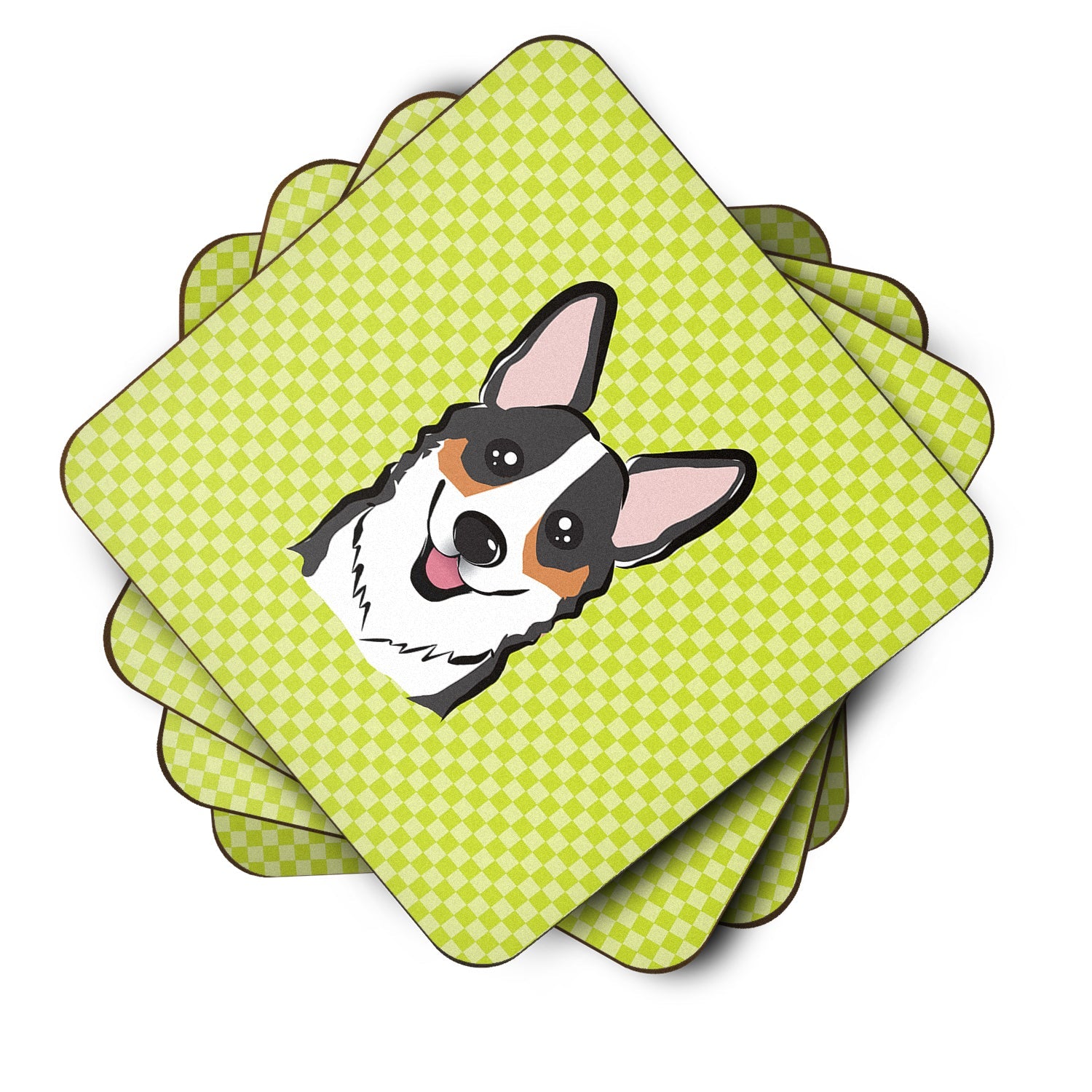 Checkerboard Lime Green Corgi Foam Coasters Set of 4 Cup Coasters for Indoor Outdoor, Tabletop Protection, Anti Slip, Mouse pad Material
