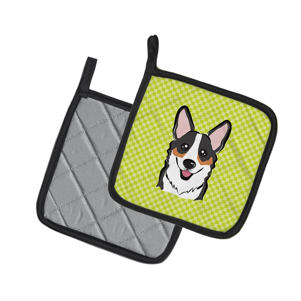Checkerboard Lime Green Corgi Pot Holder Set of 2 Heat Resistant Quilted Hot Pads 7.5 x 7.5 Inch, Insulated Kitchen Trivets for Cooking & Baking