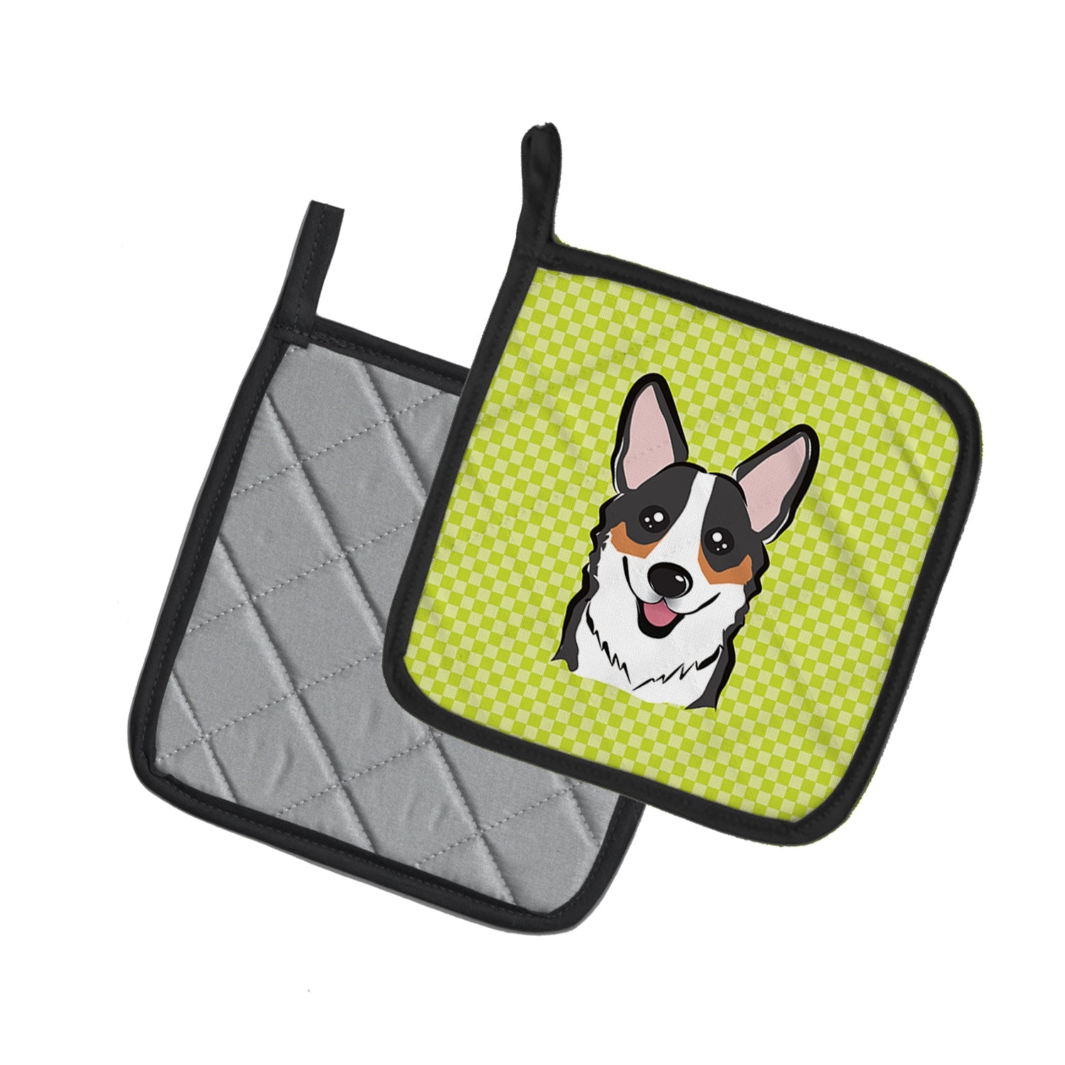 Checkerboard Lime Green Corgi Pot Holder Set of 2 Heat Resistant Quilted Hot Pads 7.5 x 7.5 Inch, Insulated Kitchen Trivets for Cooking & Baking