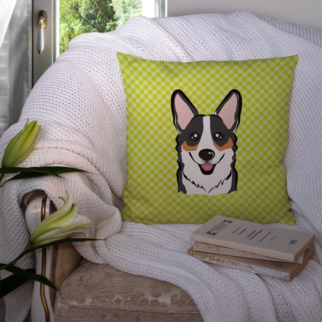 Checkerboard Lime Green Corgi Decorative Throw Pillow 14x14 Indoor Outdoor Accent Cushion, Fabric Cover with Insert for Sofa, Bed, Porch & Living Room