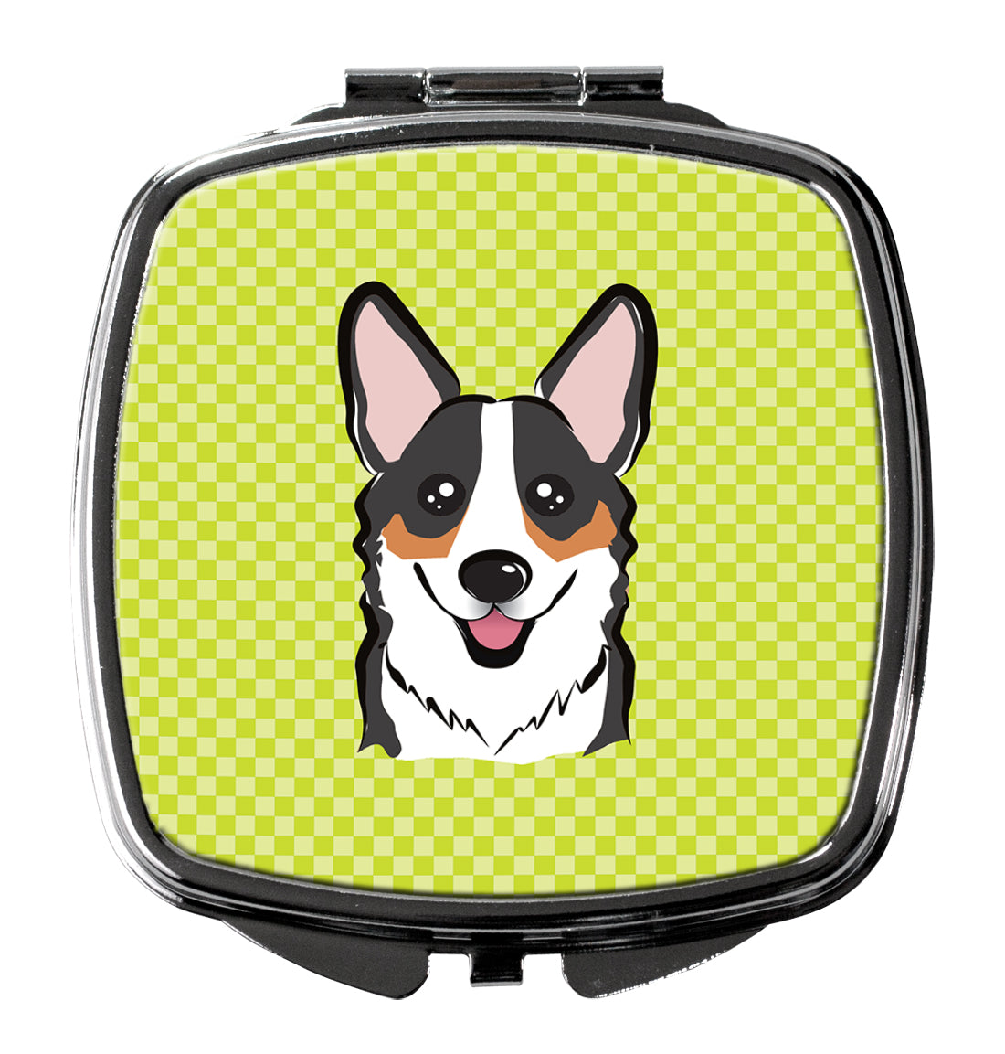 Checkerboard Lime Green Corgi Compact Mirror Decorative Travel Makeup Mirror for Women Girls Gifts Pocket Makeup Mirror Folding Handheld