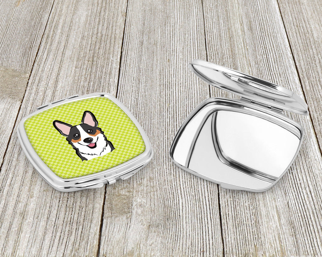 Checkerboard Lime Green Corgi Compact Mirror Decorative Travel Makeup Mirror for Women Girls Gifts Pocket Makeup Mirror Folding Handheld