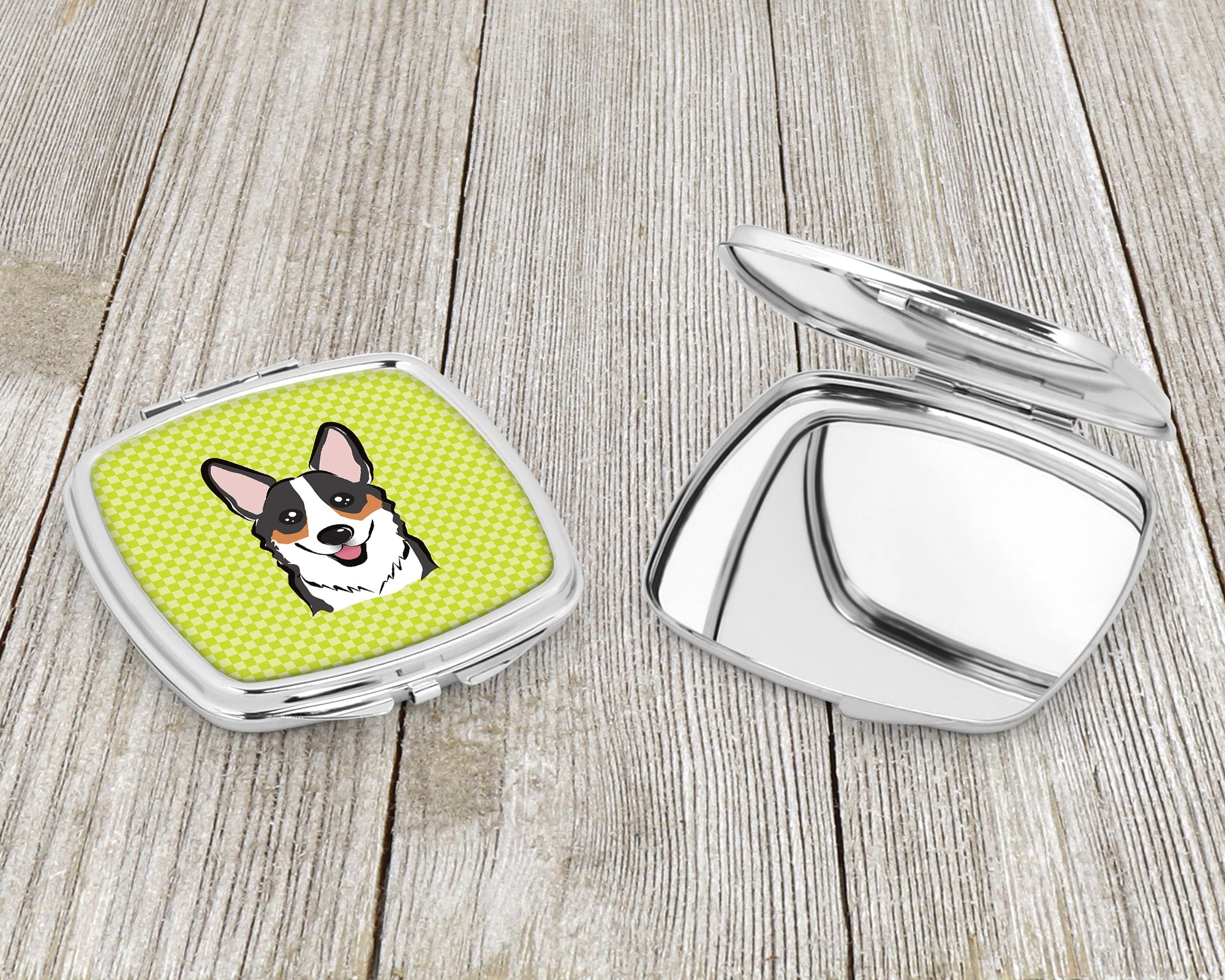 Checkerboard Lime Green Corgi Compact Mirror Decorative Travel Makeup Mirror for Women Girls Gifts Pocket Makeup Mirror Folding Handheld
