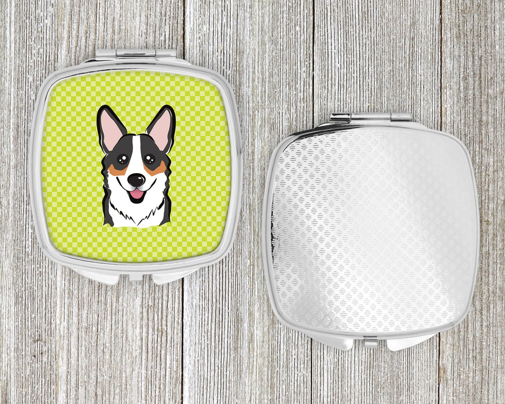 Checkerboard Lime Green Corgi Compact Mirror Decorative Travel Makeup Mirror for Women Girls Gifts Pocket Makeup Mirror Folding Handheld
