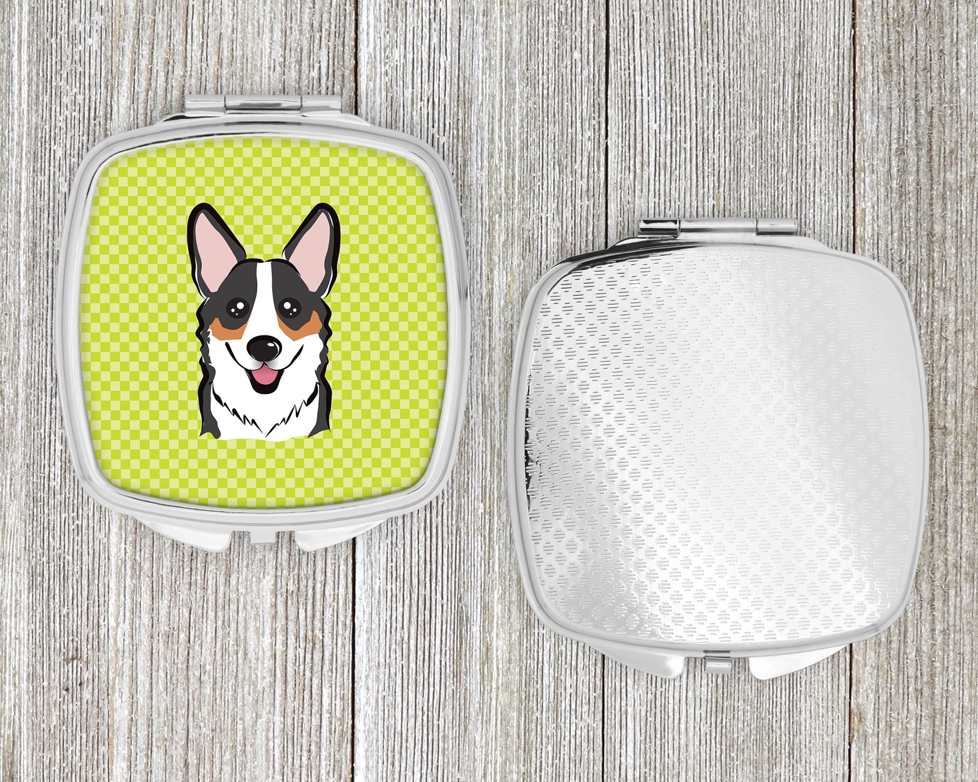 Checkerboard Lime Green Corgi Compact Mirror Decorative Travel Makeup Mirror for Women Girls Gifts Pocket Makeup Mirror Folding Handheld