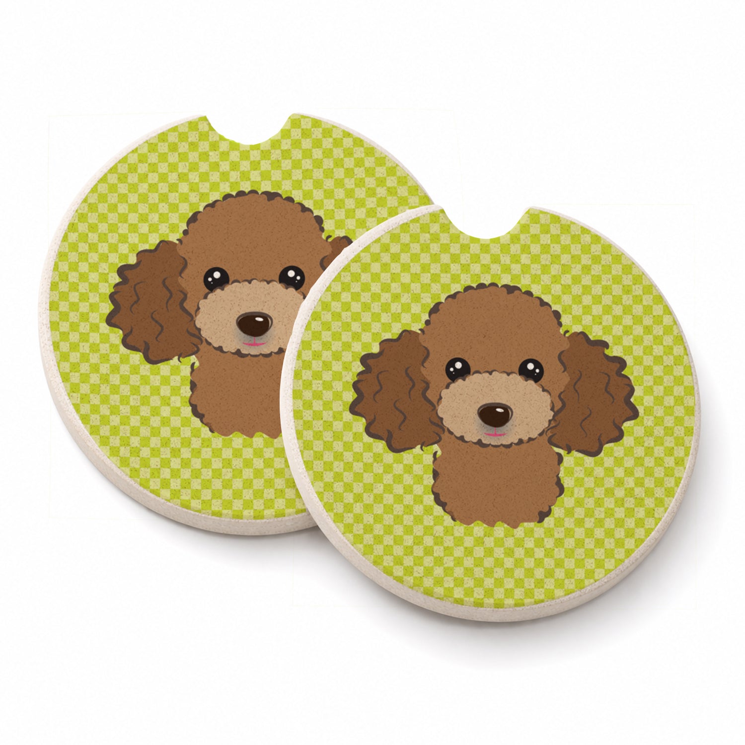 Checkerboard Lime Green Chocolate Brown Poodle Set of 2 Cup Holder Car Coasters Absorbent Round Sandstone Coasters Gifts for Men or Women, 2.5, Multicolor