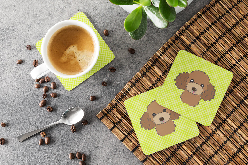 Checkerboard Lime Green Chocolate Brown Poodle Foam Coasters Set of 4 Cup Coasters for Indoor Outdoor, Tabletop Protection, Anti Slip, Mouse pad Material