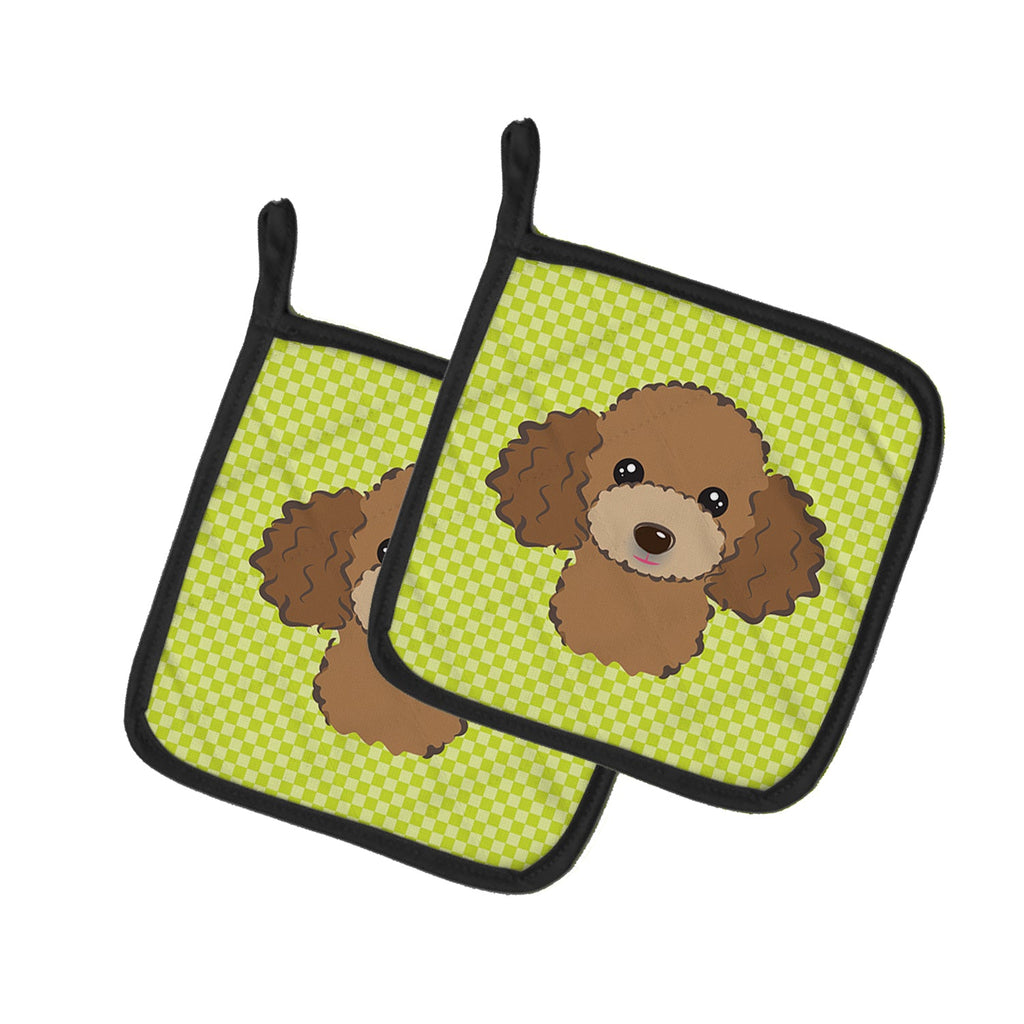 Checkerboard Lime Green Chocolate Brown Poodle Pot Holder Set of 2 Heat Resistant Quilted Hot Pads 7.5 x 7.5 Inch, Insulated Kitchen Trivets for Cooking & Baking