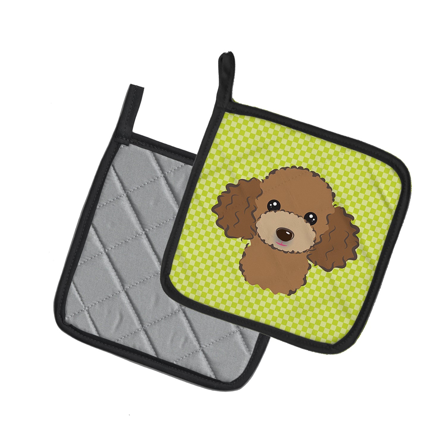 Checkerboard Lime Green Chocolate Brown Poodle Pot Holder Set of 2 Heat Resistant Quilted Hot Pads 7.5 x 7.5 Inch, Insulated Kitchen Trivets for Cooking & Baking