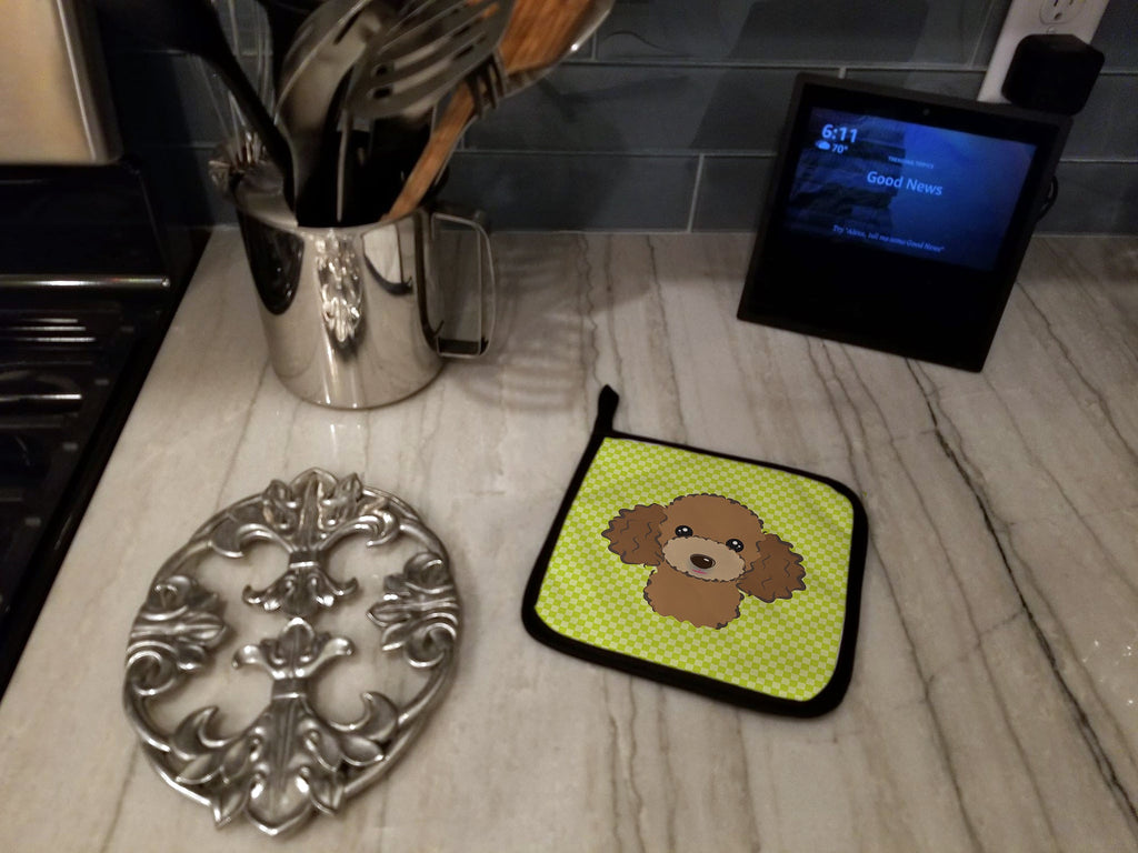 Checkerboard Lime Green Chocolate Brown Poodle Pot Holder Set of 2 Heat Resistant Quilted Hot Pads 7.5 x 7.5 Inch, Insulated Kitchen Trivets for Cooking & Baking