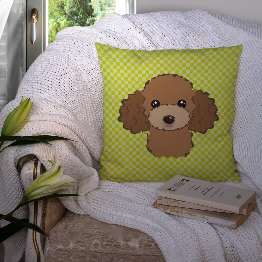 Checkerboard Lime Green Chocolate Brown Poodle Decorative Throw Pillow 14x14 Indoor Outdoor Accent Cushion, Fabric Cover with Insert for Sofa, Bed, Porch & Living Room