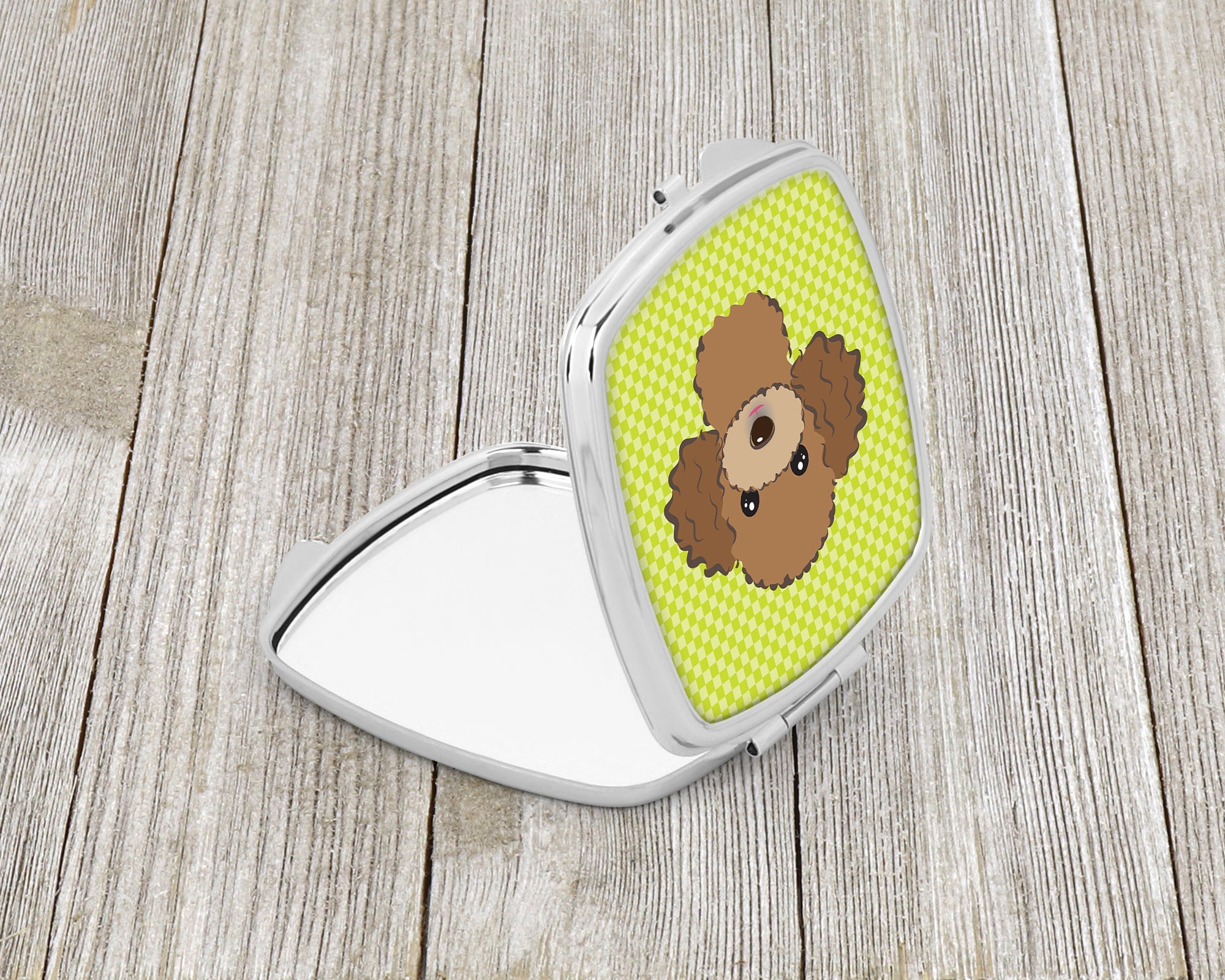 Checkerboard Lime Green Chocolate Brown Poodle Compact Mirror Decorative Travel Makeup Mirror for Women Girls Gifts Pocket Makeup Mirror Folding Handheld