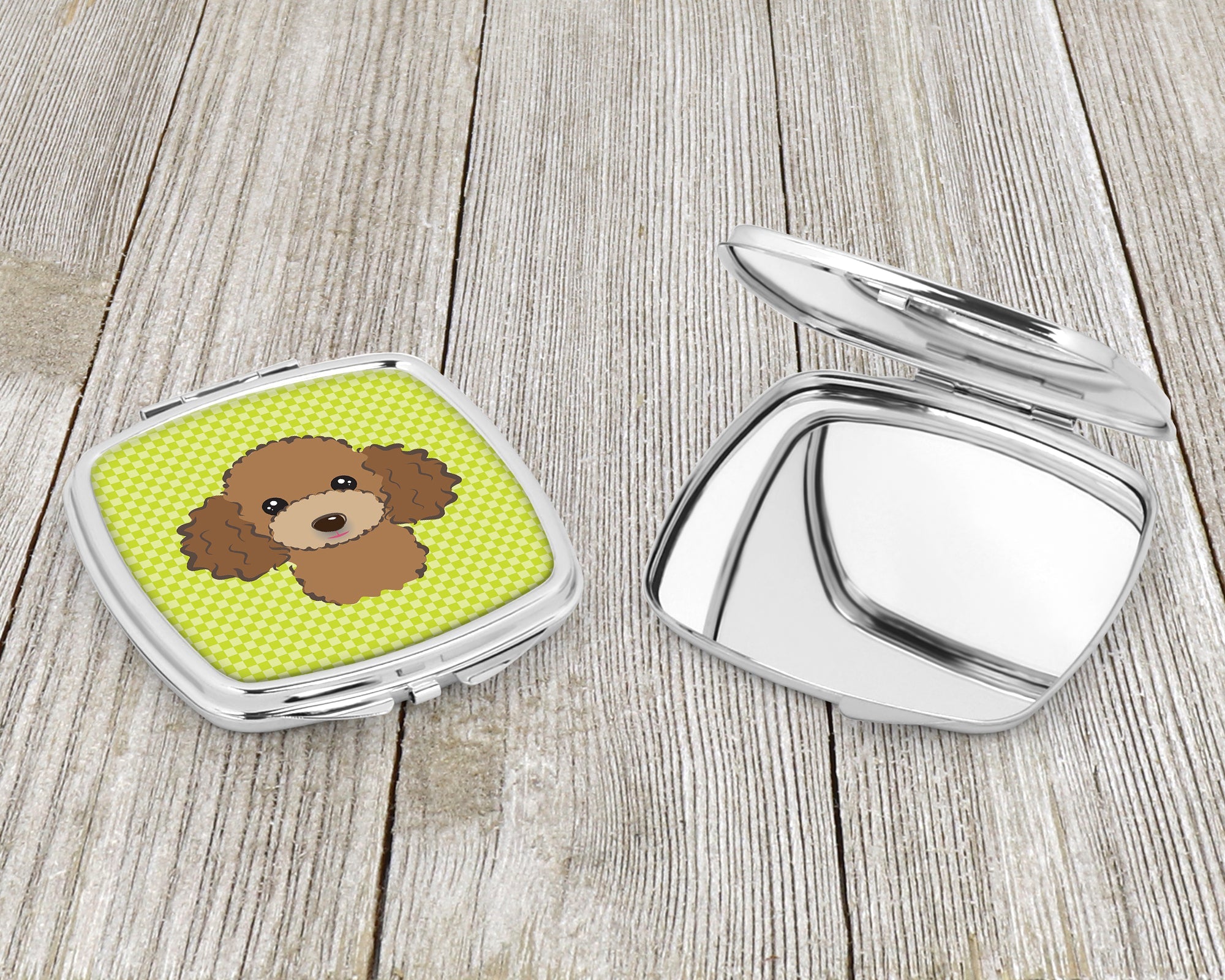 Checkerboard Lime Green Chocolate Brown Poodle Compact Mirror Decorative Travel Makeup Mirror for Women Girls Gifts Pocket Makeup Mirror Folding Handheld