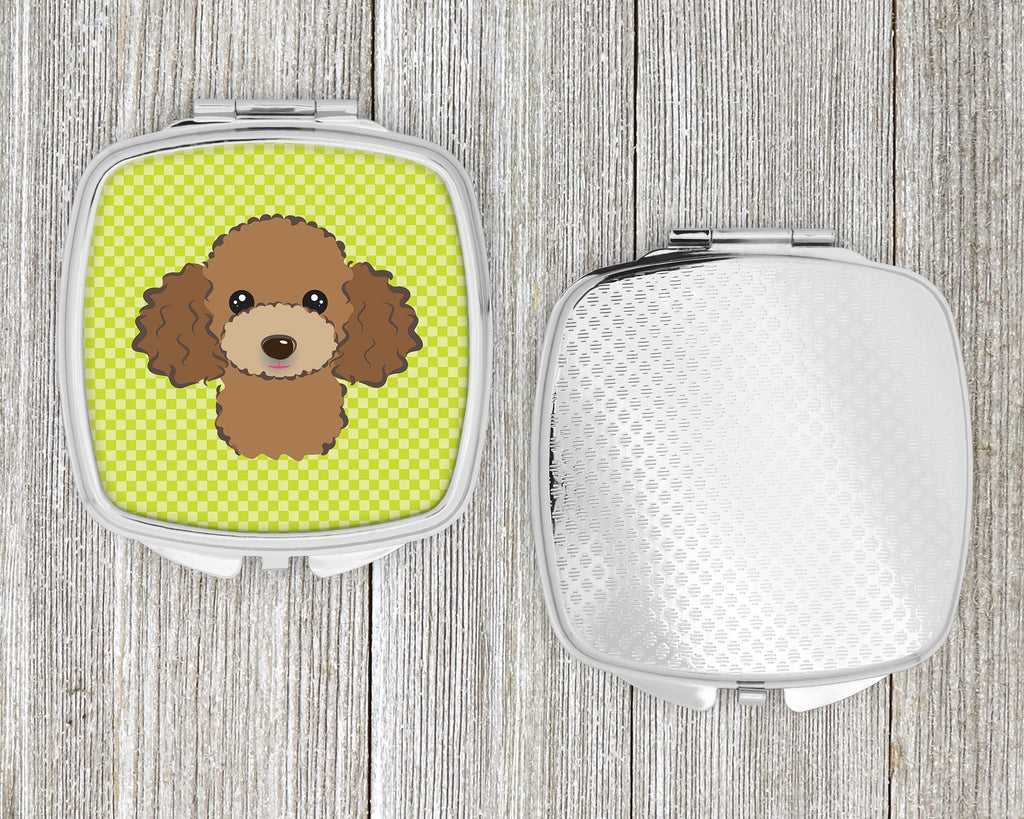 Checkerboard Lime Green Chocolate Brown Poodle Compact Mirror Decorative Travel Makeup Mirror for Women Girls Gifts Pocket Makeup Mirror Folding Handheld