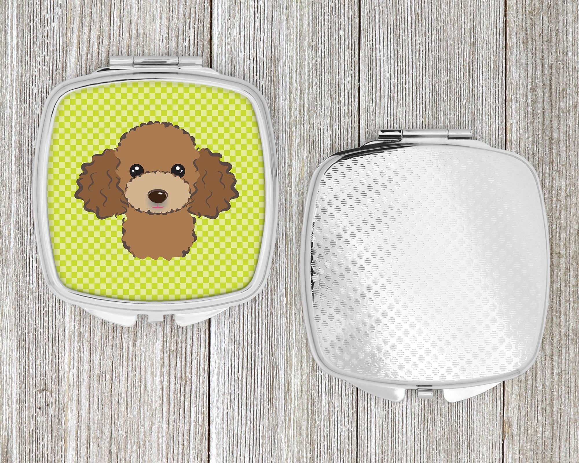 Checkerboard Lime Green Chocolate Brown Poodle Compact Mirror Decorative Travel Makeup Mirror for Women Girls Gifts Pocket Makeup Mirror Folding Handheld
