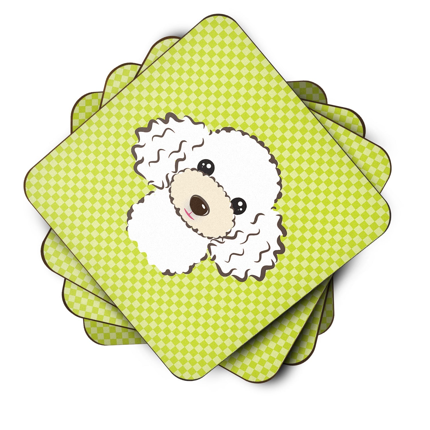 Checkerboard Lime Green White Poodle Foam Coasters Set of 4 Cup Coasters for Indoor Outdoor, Tabletop Protection, Anti Slip, Mouse pad Material