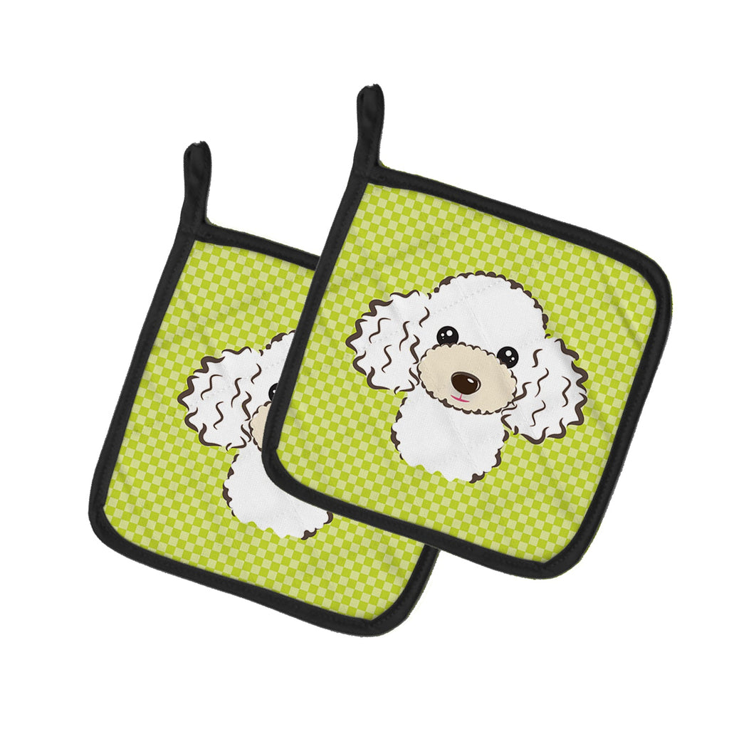 Checkerboard Lime Green White Poodle Pot Holder Set of 2 Heat Resistant Quilted Hot Pads 7.5 x 7.5 Inch, Insulated Kitchen Trivets for Cooking & Baking