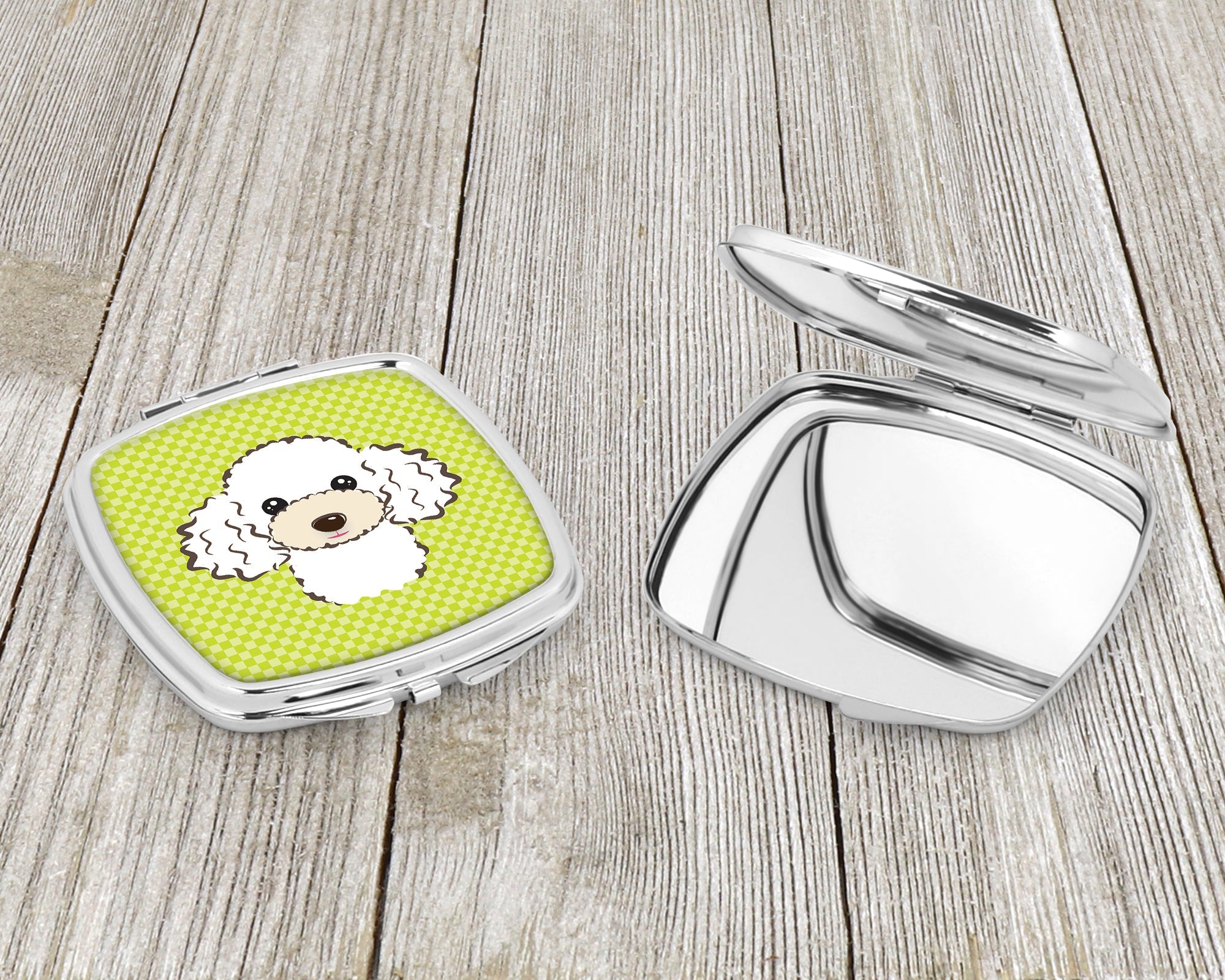 Checkerboard Lime Green White Poodle Compact Mirror Decorative Travel Makeup Mirror for Women Girls Gifts Pocket Makeup Mirror Folding Handheld