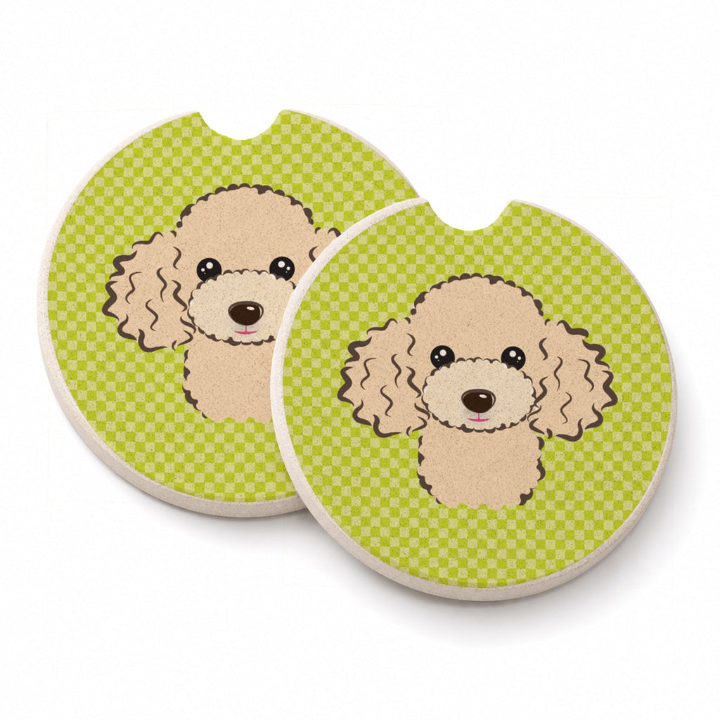 Checkerboard Lime Green Buff Poodle Set of 2 Cup Holder Car Coasters Absorbent Round Sandstone Coasters Gifts for Men or Women, 2.5, Multicolor