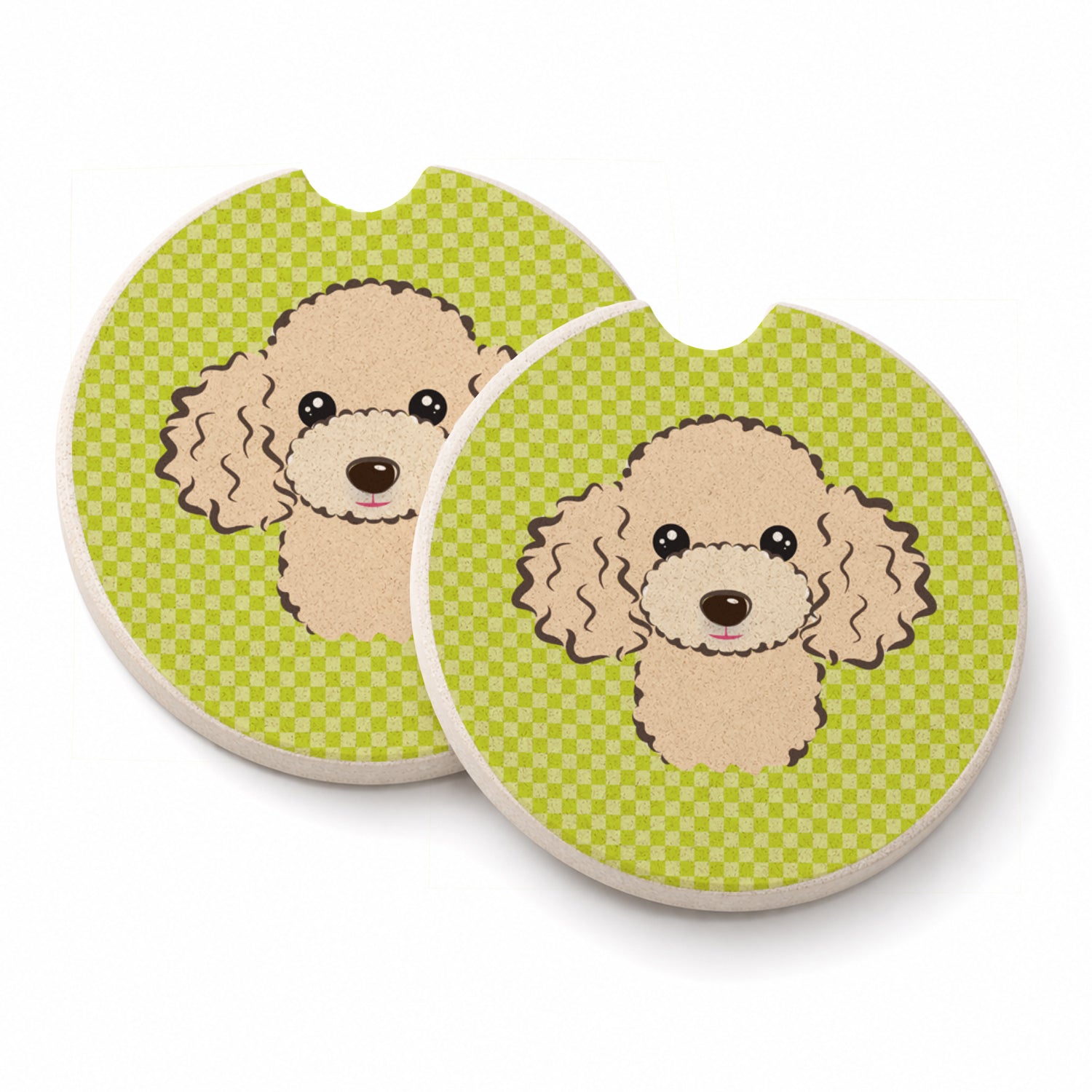 Checkerboard Lime Green Buff Poodle Set of 2 Cup Holder Car Coasters Absorbent Round Sandstone Coasters Gifts for Men or Women, 2.5, Multicolor