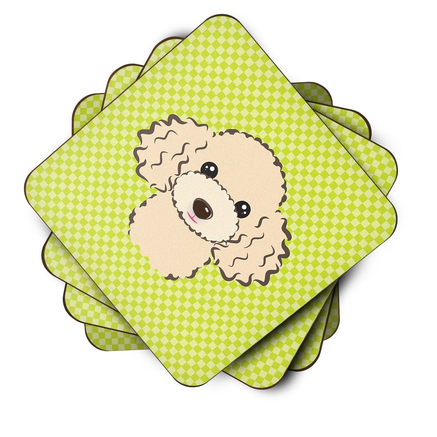 Checkerboard Lime Green Buff Poodle Foam Coasters Set of 4 Cup Coasters for Indoor Outdoor, Tabletop Protection, Anti Slip, Mouse pad Material
