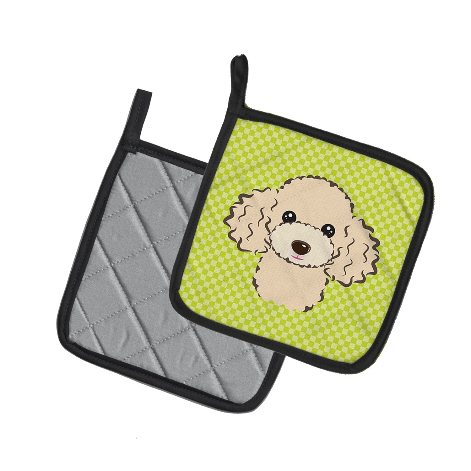 Checkerboard Lime Green Buff Poodle Pot Holder Set of 2 Heat Resistant Quilted Hot Pads 7.5 x 7.5 Inch, Insulated Kitchen Trivets for Cooking & Baking