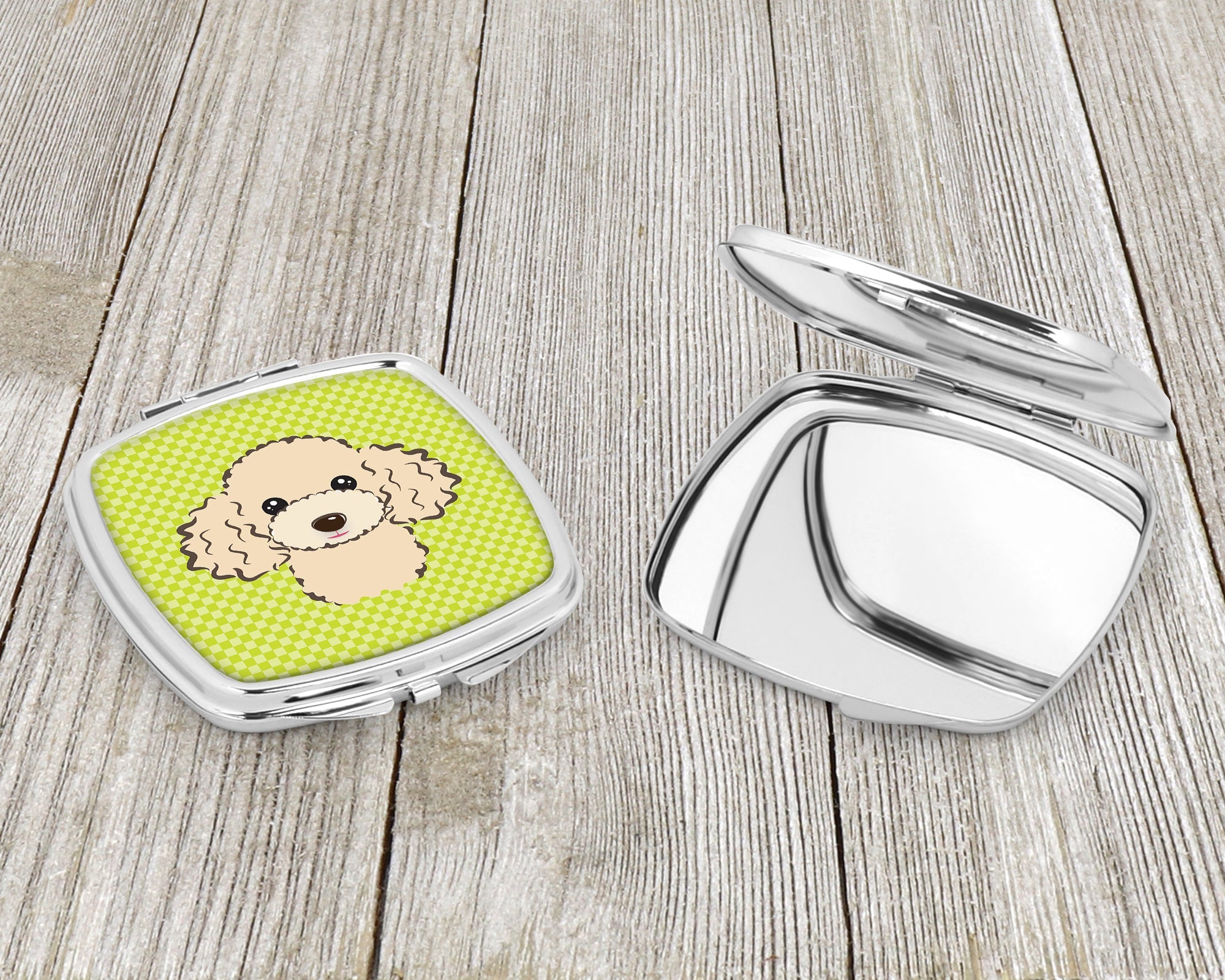 Checkerboard Lime Green Buff Poodle Compact Mirror Decorative Travel Makeup Mirror for Women Girls Gifts Pocket Makeup Mirror Folding Handheld